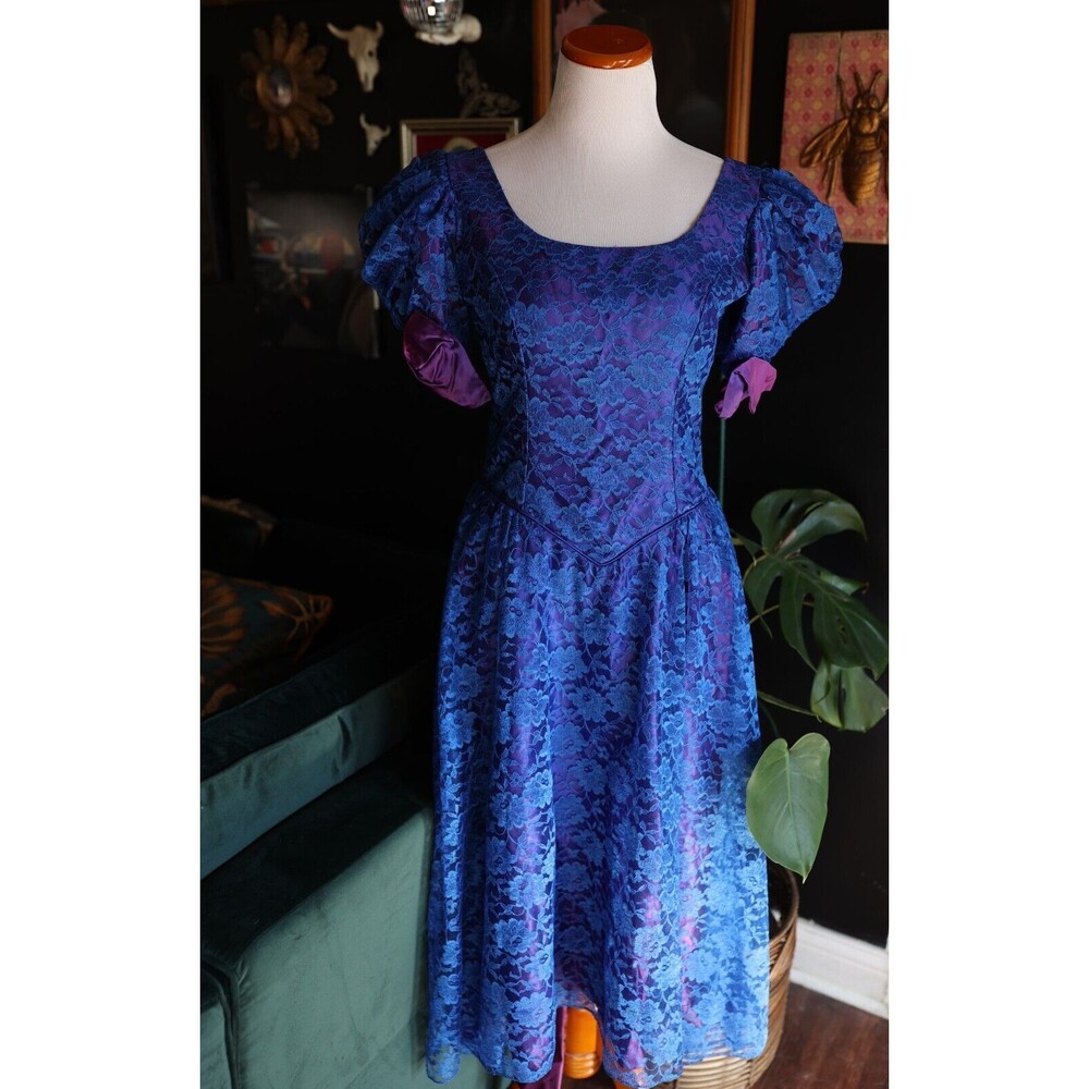 Vintage 80s Dance Allure Dress Royal Blue Lace Puff Sleeves Drop Waist Hi-Low 11